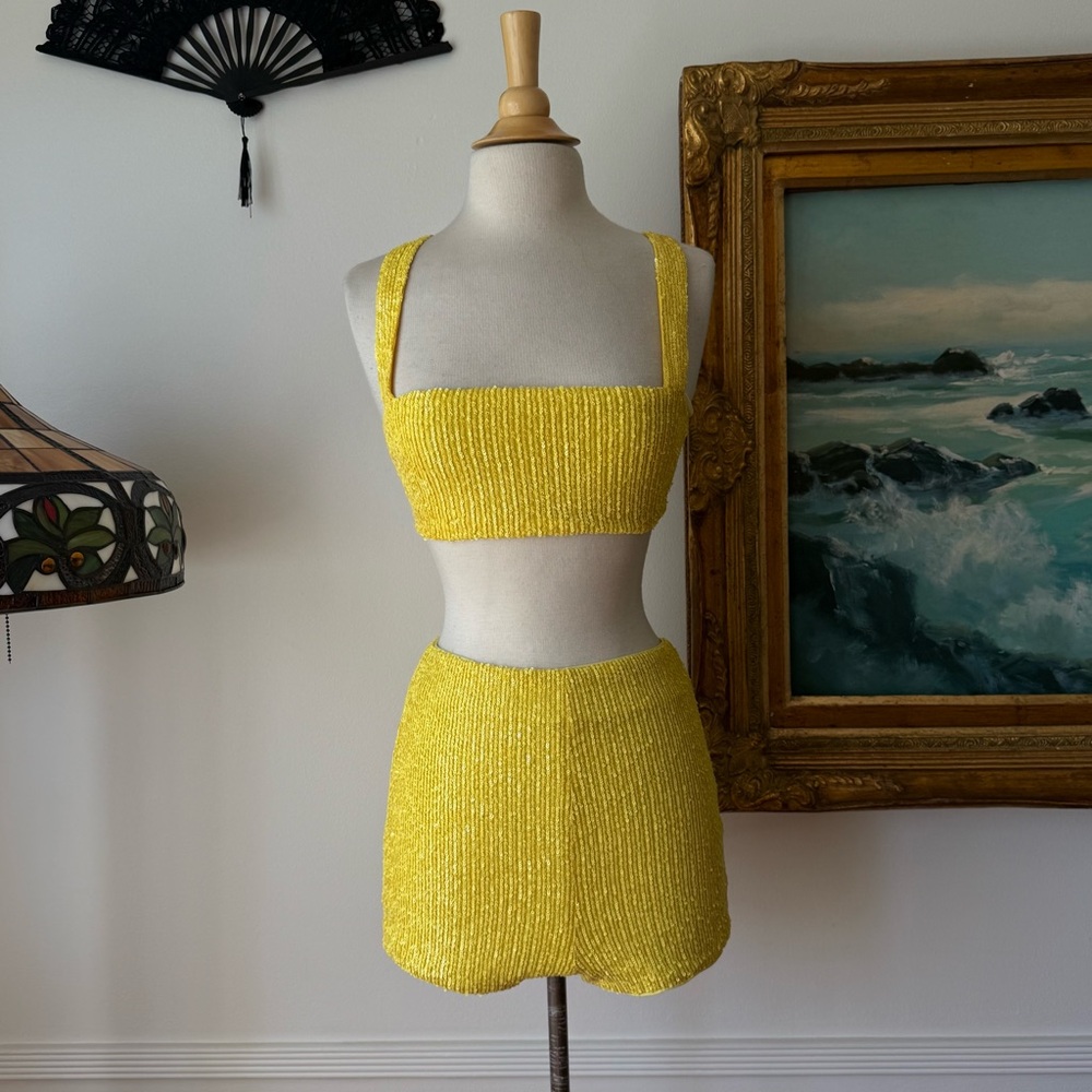 REVOLVE Yellow Beaded High-Waist Shorts